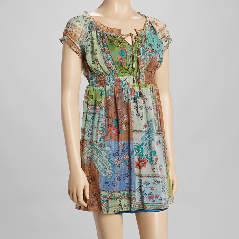 FUNKY PEOPLE Blue & Green Patchwork Summer Dress